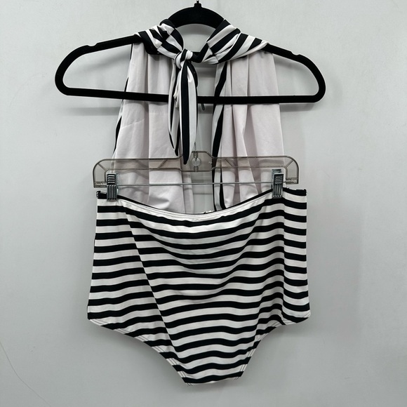 COCOSHIP striped black-white halter tie one piece contemporary swimsuit. 3XL - Picture 3 of 9